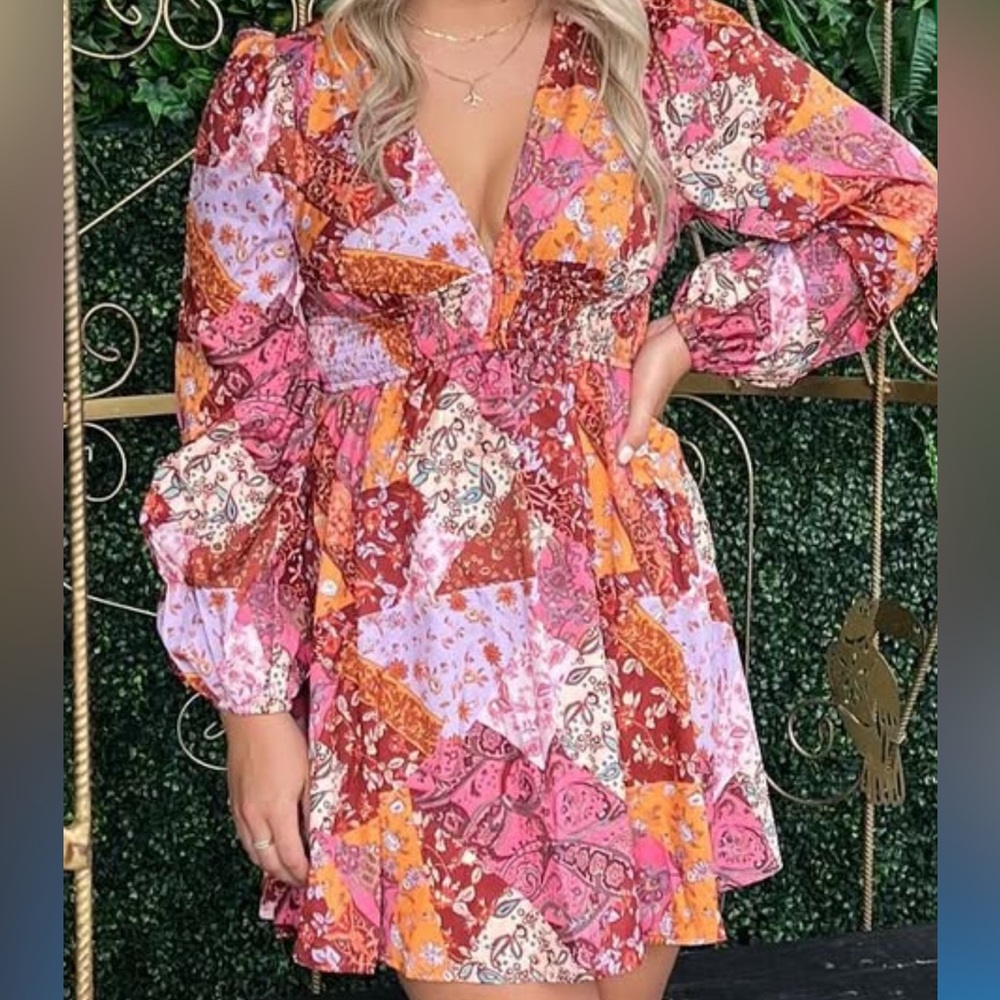 Floral Patchwork Boho Western Dress - Multicolor